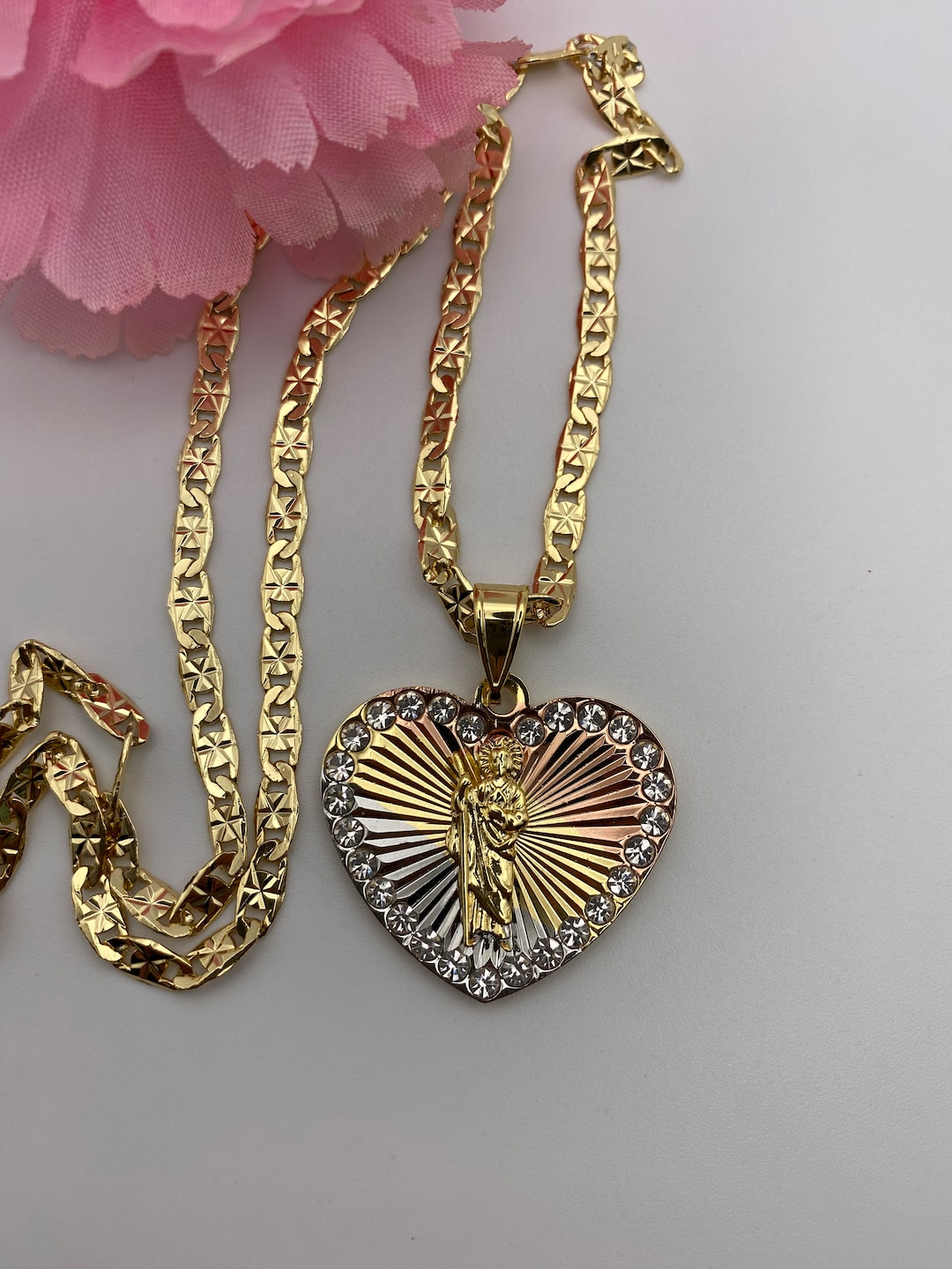 St Jude Necklace Tricolor Gold Plated - Cadena San Judas Tadeo Corazón ...