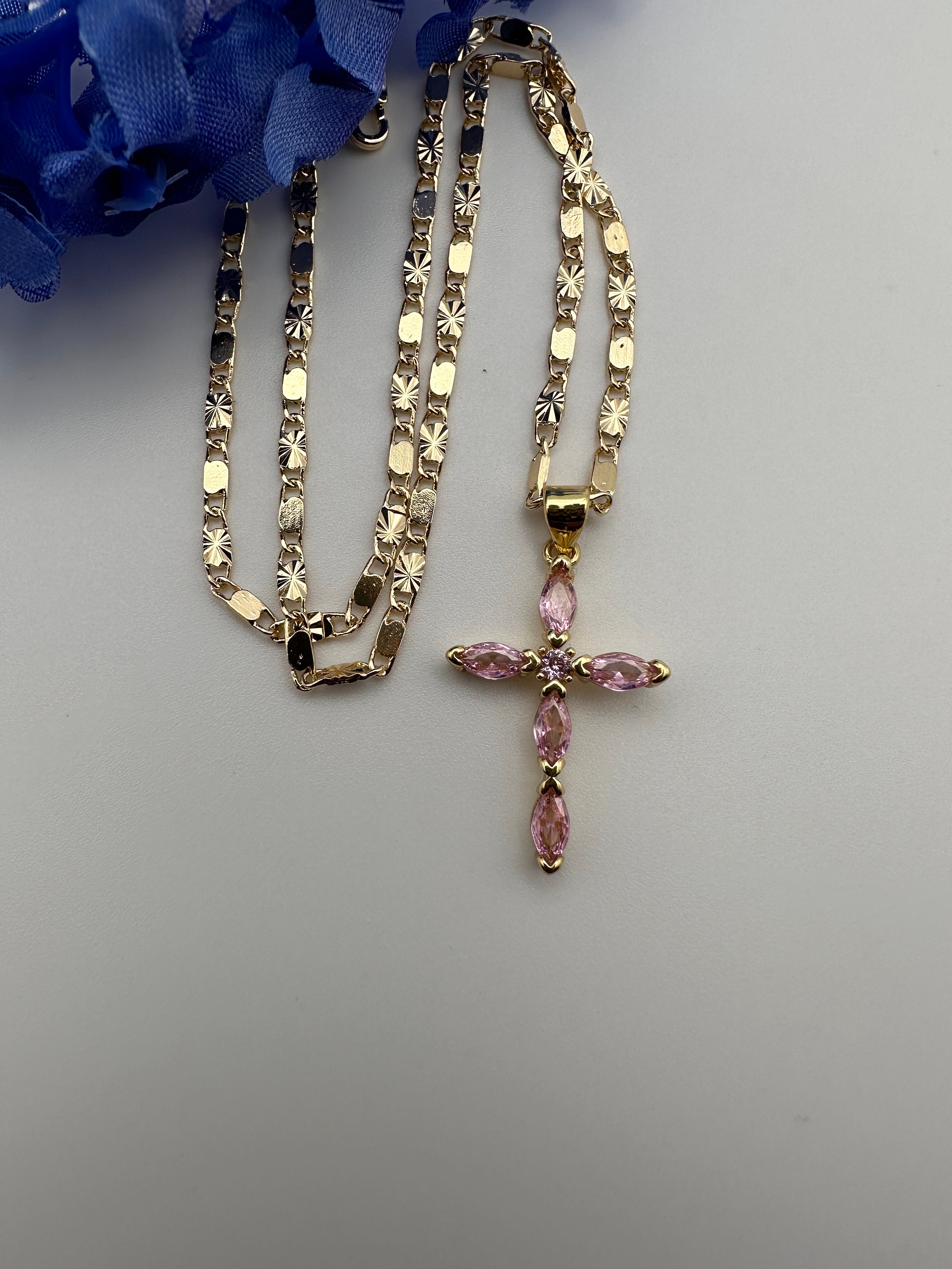 14k Cross Necklace, Crucifix Necklace With Pink Stones Gold Plated