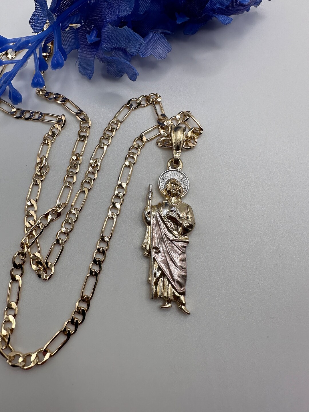 St Jude Tricolor Necklace Gold Plated With Fígaro Chain - San Judas ...