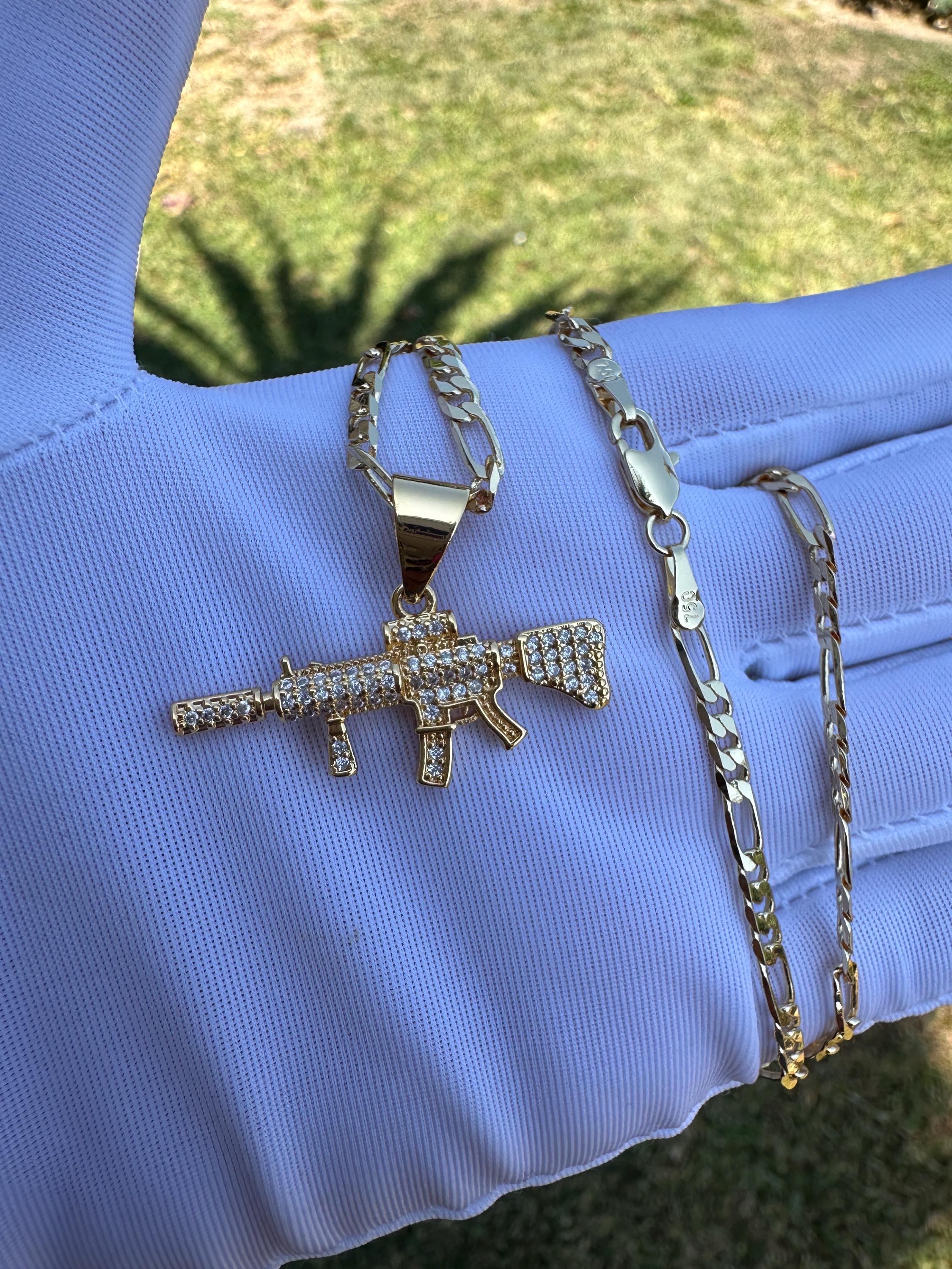 14k Gold Plated Ak47 Iced Out Pendant, Gun necklace,  Hip Hop Necklace, Combat Necklace. Husband Gift, Man Gift