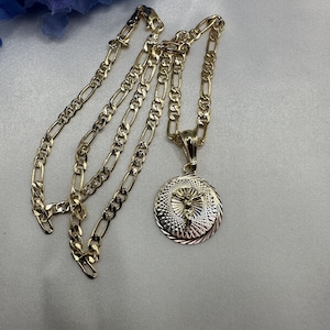 14k Virgen Necklace Tricolor Gold Plated - Virgin Mary Necklace 20” Figaro Chain