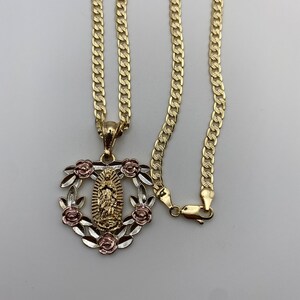 14k Heart Virgin Necklace Tricolor 20” chain Gold Plated - Cadena Virgen tricolor Corazon Oro laminado 20” Largo