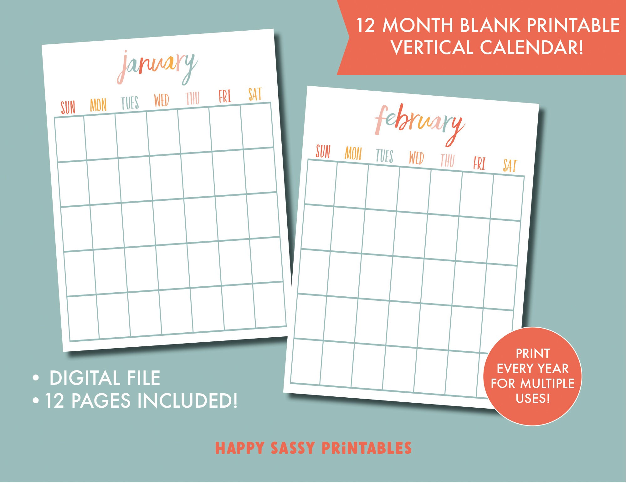 Calendar Printable, Vertical Blank Calendar - Etsy