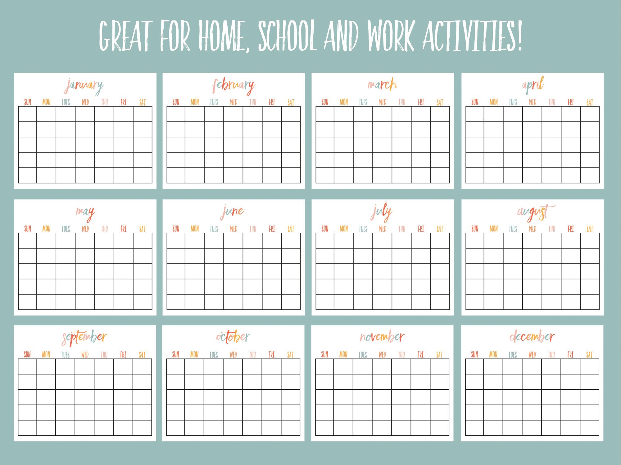 Printable Calendar, Blank Landscape Calendar Printable - Etsy