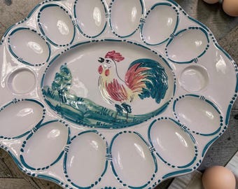 Plato de porcelana vintage con forma de gallo para huevos rellenos - Hecho en Italia -