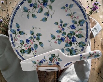 Plato y servidor de pastel vintage -Arándanos/Flores/Borde dorado-Federated Dept.Stores-Japón