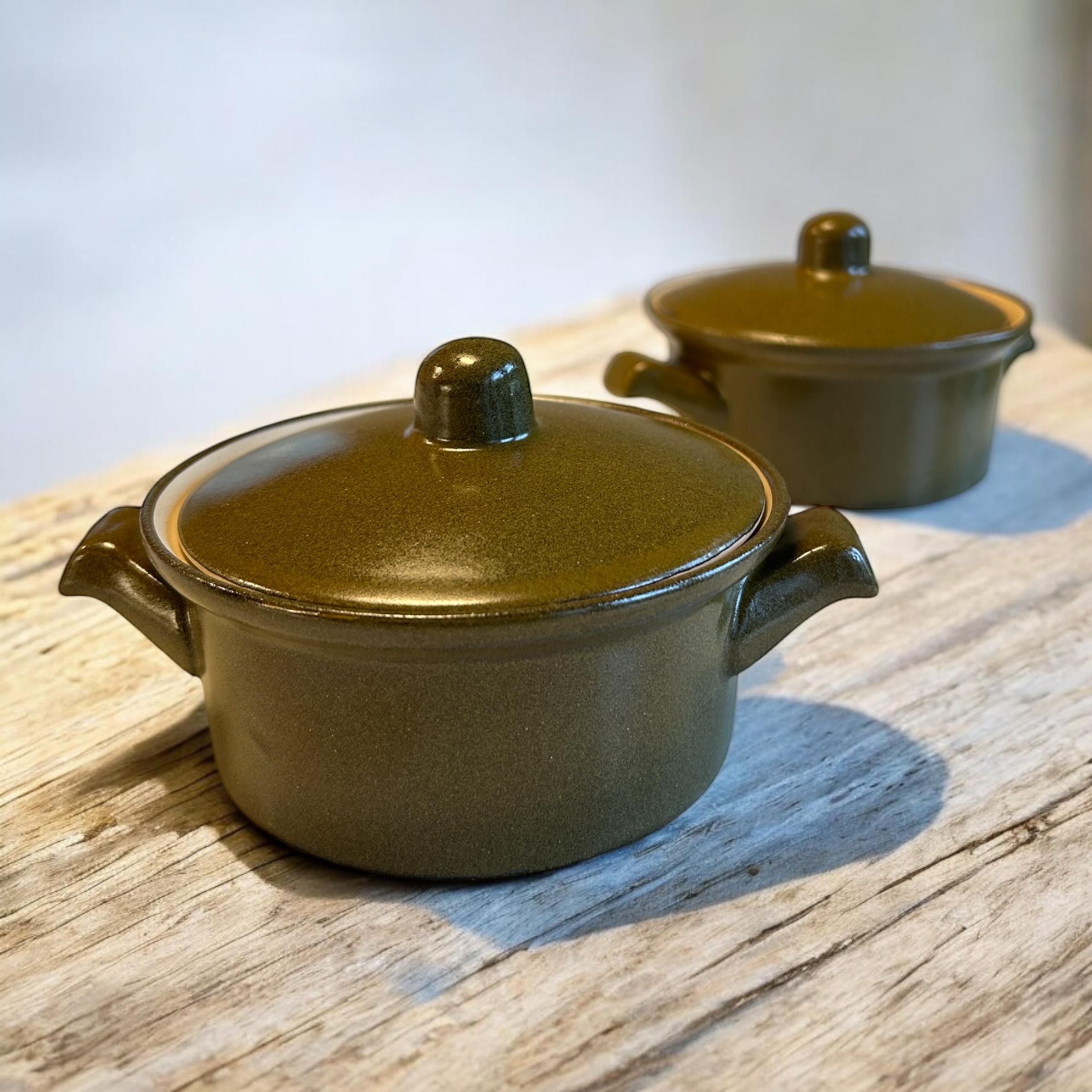 MCM California Pottery Set of Two Ramekins/Lids Olive Green