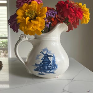 Vintage McCoy Pottery White Pitcher with Blue Delft Windmill Scene