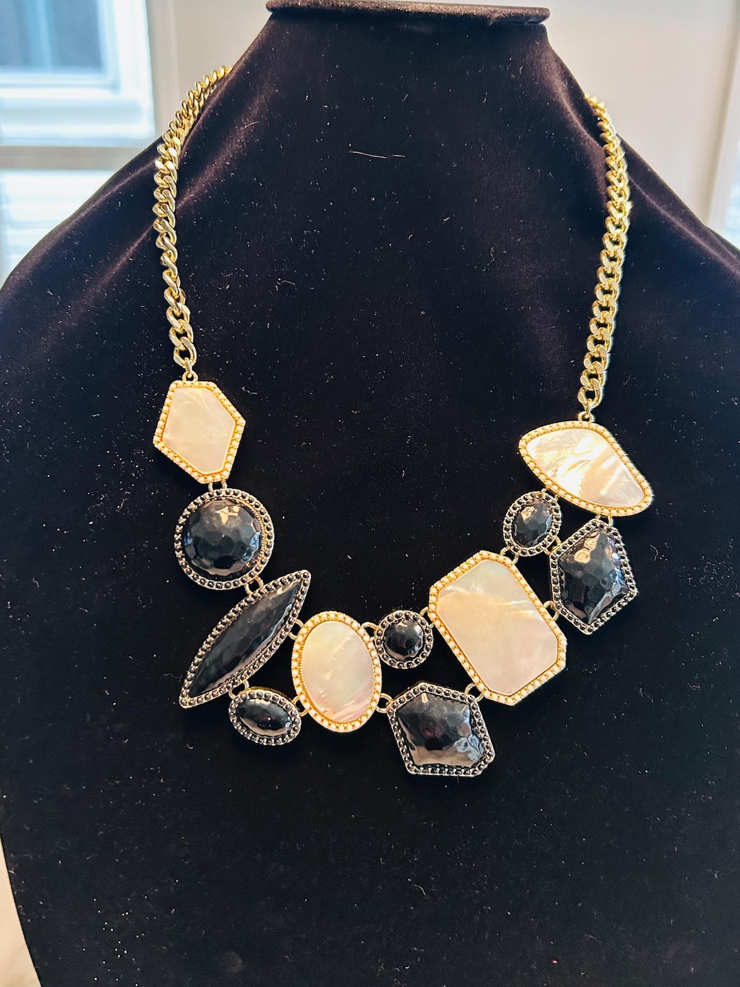 Talbots Neckless Talbots Black & White Geometric Statement Necklace With Gold Toned ...