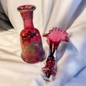 15 Inches tall- Vintage Cranberry Glass Decanter with Stopper -Hand Painted Gold Design