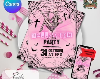 May include: Pink Halloween party invitation featuring a skeleton in a martini glass, spiderwebs, and bats. The invitation includes the text "Halloween Party" and the date and time. A smartphone displays the invitation.