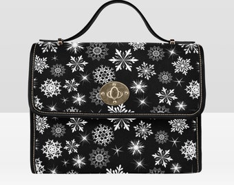 Snowflakes Pattern Christmas Handbag, Black Christmas Bag, Black Christmas Crossbody Bag, Christmas Snowflakes Handbag