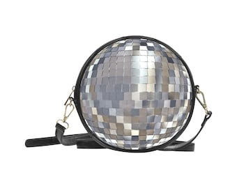 Sac bandoulière rond boule disco, Sac bandoulière en cuir durable, Sac à main de soirée, Sac de soirée anti-cruauté, Sac à main rond avec bandoulière