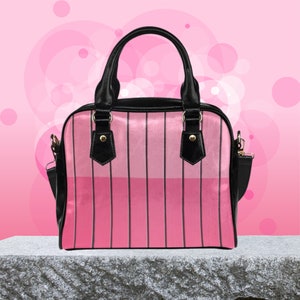 Pink Crossbody Handbag, Pink Two-toned Fence Pattern Vegan Leather Shoulder Bag with Top Handle, Unique Top Handle Bag