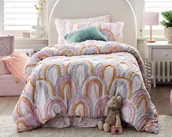 Colorful Rainbow Tufted Duvet Cover Set, Handmade Cotton Bedding, Boho Kids Bedroom Decor, Queen King Twin 3 Piece's Bedding Set.