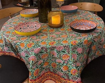 Reusable Floral Block Print Cotton Table Cloth For Dinner/Party/Wedding/Farmhouse Custom Size Tablecloth/Napkins/Placemates/Runners.
