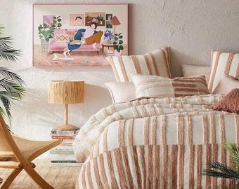 Handmade Tufted Cotton Duvet Cover Set, Boho Textured Bedding, Ivory White Queen King Twin