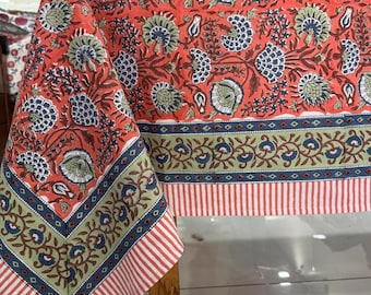 Floral Block Print Cotton Tablecloth, Handmade Table Decor