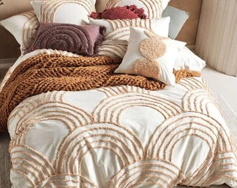 Boho Tufted Cotton Duvet Cover Set, Indian Handmade Comforter, White/Ivory Base
