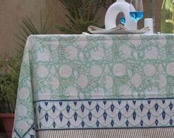 Sage Green Floral Block Print Cotton Tablecloth, Handmade Table Linens