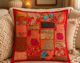 Boho Patchwork Cushion Cover – Indian Hand Embroidered Throw Pillow (16"×16")