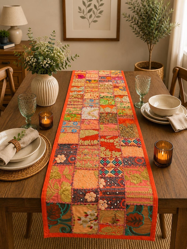 Peut inclure: Un chemin de table rectangulaire pr&eacute;sentant un motif patchwork compos&eacute; de divers carr&eacute;s de tissu color&eacute;s. Le chemin est orn&eacute; de broderies complexes, de petites perles et d'applications florales dans des tons orange, rouge, vert et bleu.