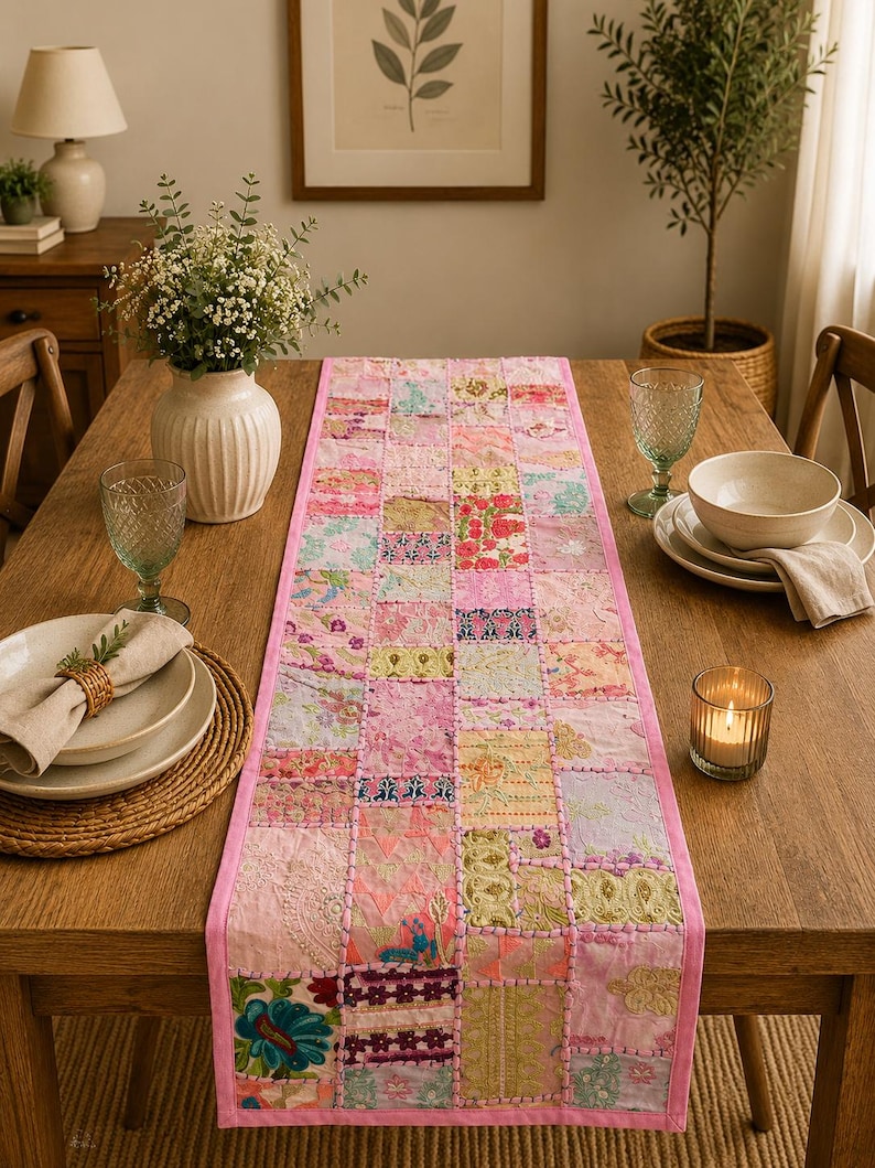 Peut inclure: Un chemin de table rectangulaire compos&eacute; d'un assemblage de carr&eacute;s de tissu aux tons roses, jaunes, verts et bleus. Le chemin de table est bord&eacute; d'une bordure en tissu rose uni et pr&eacute;sente des coutures apparentes entre chaque carr&eacute; de tissu.