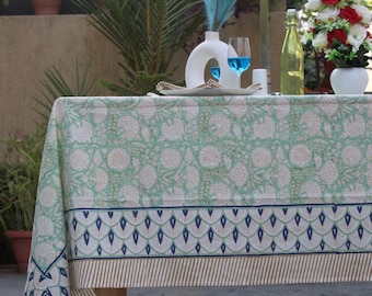 Sage Green Floral Block Print Tablecloth Rectangle/Square/Round Table Cover With Napkins/Runner/Placemats, Cotton Table Linens For Gift.