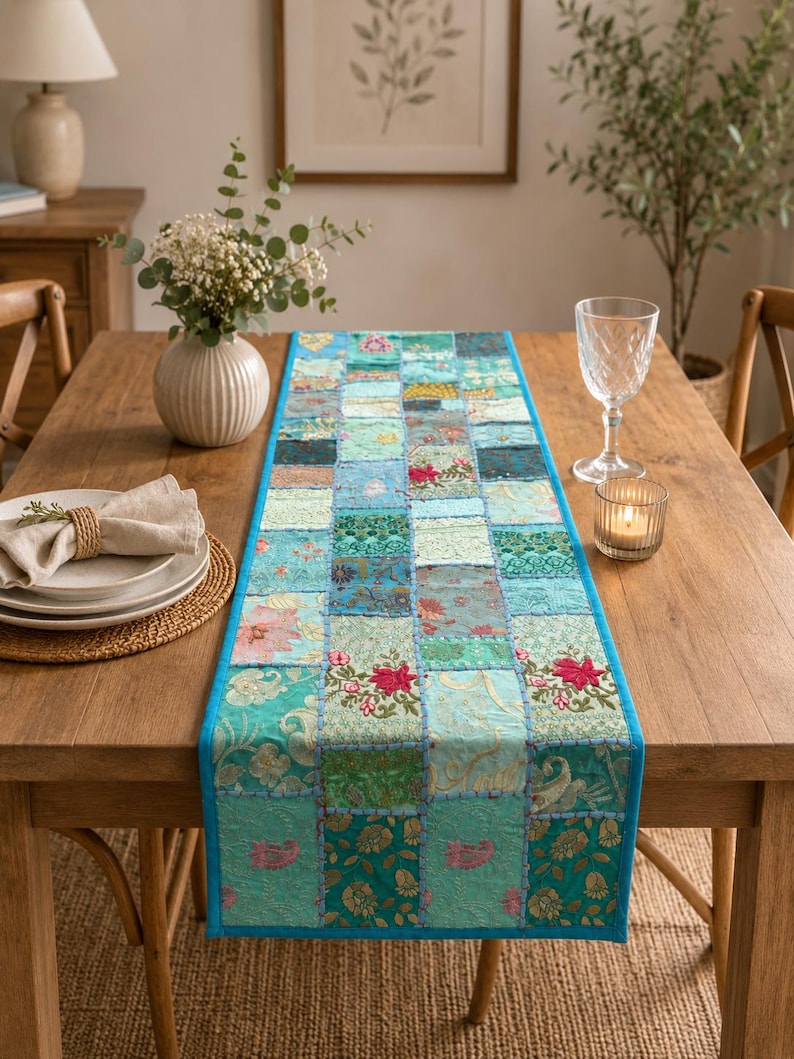 Peut inclure: Un chemin de table rectangulaire compos&eacute; d'un assemblage de carr&eacute;s de tissu dans des tons de bleu sarcelle, turquoise et vert. Le chemin est orn&eacute; de broderies florales et de motifs complexes, avec une bordure unie bleu vif.