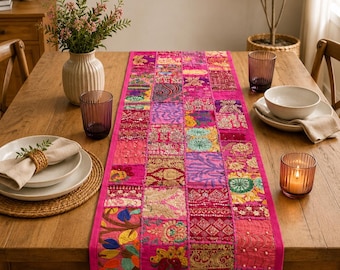Patchwork Table Runner, 60x15 inches Bohemian Dining Decor.