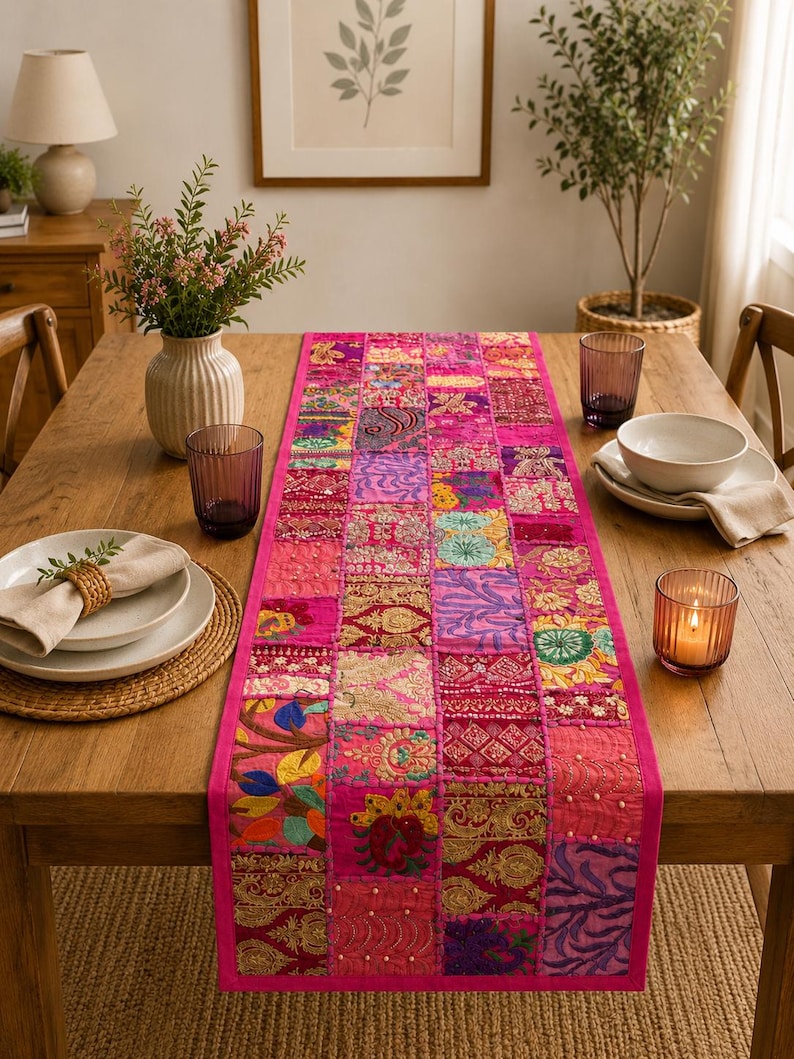 Peut inclure: Un chemin de table rectangulaire pr&eacute;sentant un motif patchwork vibrant compos&eacute; de divers carr&eacute;s de tissu rose, magenta et dor&eacute;. Le chemin est orn&eacute; de broderies complexes, de d&eacute;tails en fil m&eacute;tallique et de petites perles blanches sur toute la surface.