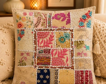 Royal white Handmade Patchwork Cushion Cover with Multicolor Embroidery .