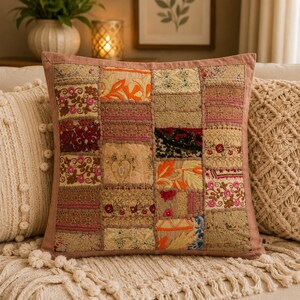 Handcrafted Patchwork Embroidered Cushion Cover | Boho Farmhouse Sofa Pillow Case.