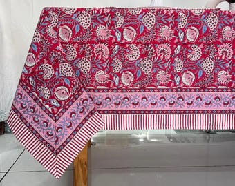 Red Floral Cotton Table Cloth Square/Rectangle/Round Custom Table Décor Cloths With Napkin/Placemat/Runner Vintage Handmade Table Top Cover.