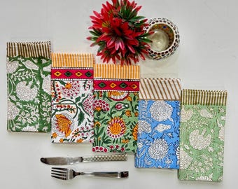 Boho Floral Cotton Dinner Napkins, Hand Block Print Table Linens