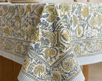 Vintage Floral Hand Block Print Cotton Tablecloth, Boho Dining Decor.