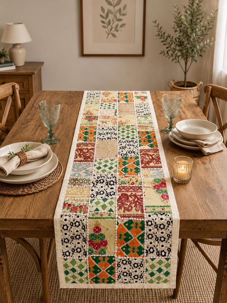 Peut inclure: Un chemin de table rectangulaire compos&eacute; d'un assemblage de carr&eacute;s de tissu. Ces carr&eacute;s pr&eacute;sentent des motifs vari&eacute;s, notamment des fleurs, des formes g&eacute;om&eacute;triques et des broderies complexes dans des tons de rouge, vert, orange et noir.