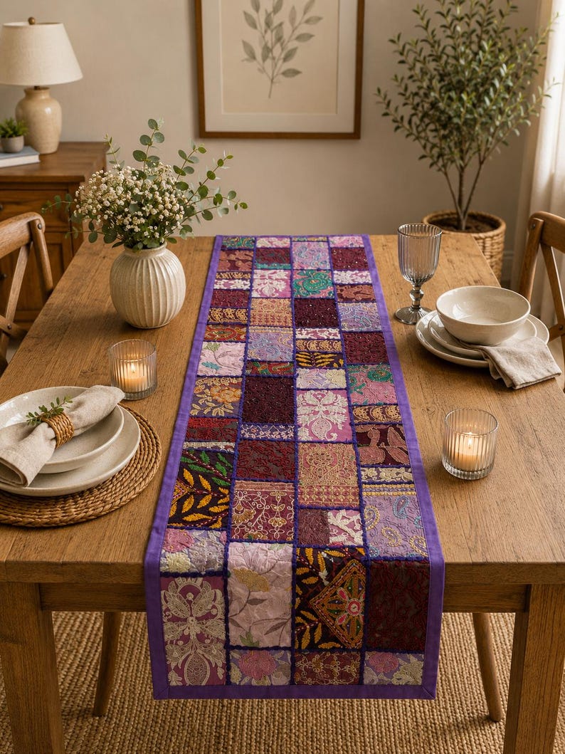 Peut inclure: Un chemin de table rectangulaire compos&eacute; d'un assemblage de carr&eacute;s de tissu aux tons violets, roses, dor&eacute;s et bordeaux. Le chemin de table pr&eacute;sente une bordure violette unie et des motifs brod&eacute;s, floraux et des textures m&eacute;talliques.