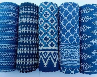 Vintage Kantha Quilt Pure Cotton Indigo Hand Block Coverlet Bohemian Recycle Comforter Throw Blanket's