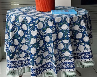 Blue Floral Block Print Tablecloth: Boho Cotton Table Cover