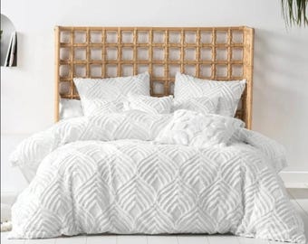 3 Piece Tufted Cotton Duvet Cover Set, White/Ivory Duvet Cover With Pillowcases, King/Queen/Twin Custom Size Quilt Comforter Cover Set,
