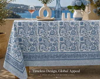 Pink Floral Hand Block Print Cotton Tablecloth, Boho Wedding Table Cover