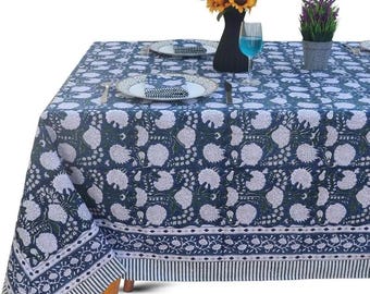 Blue Floral Block Print Tablecloth, Handmade Cotton Table Decor