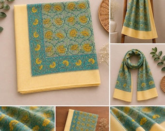 Green Block Print Sarong - Cotton Beach Wrap - Bohemian Pareo for Women