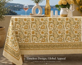 Blue Floral Hand Block Printed Cotton Tablecloth, Indian Table Cover