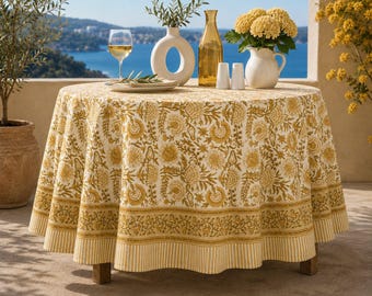 Blue Floral Hand Block Printed Cotton Tablecloth, Indian Table Cover