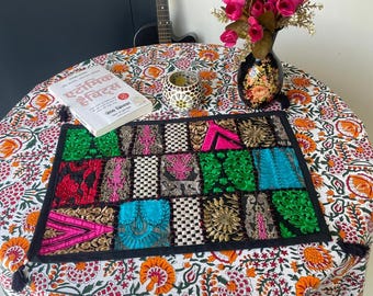 Pink Patchwork Placemat, Hand Embroidered Vintage Cotton, Dining Table Mat