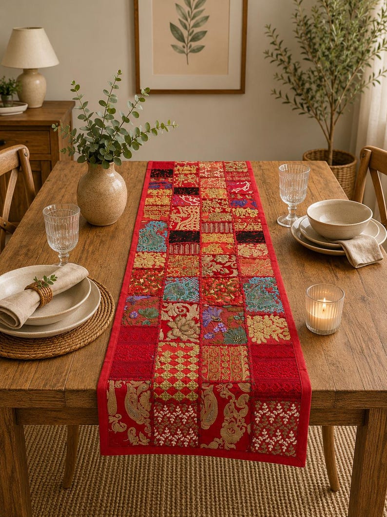 Peut inclure: Un chemin de table rectangulaire compos&eacute; d'un patchwork de carr&eacute;s de tissu rouge. Chaque carr&eacute; pr&eacute;sente des motifs brod&eacute;s distincts, des ornements floraux et des accents de fil dor&eacute; m&eacute;tallique, cr&eacute;ant une surface textur&eacute;e et vari&eacute;e.