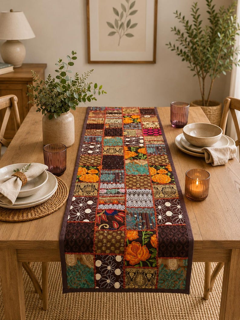 Peut inclure: Un chemin de table rectangulaire compos&eacute; d'un assemblage de carr&eacute;s de tissu aux tons orange, marron, bleu sarcelle et cr&egrave;me. Le chemin pr&eacute;sente des broderies complexes, des motifs floraux et des accents m&eacute;talliques, bord&eacute; d'une bordure marron fonc&eacute;.