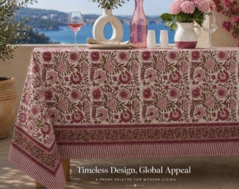 Hand Block Printed Cotton Table Cloth, Floral Boho Wedding Decor